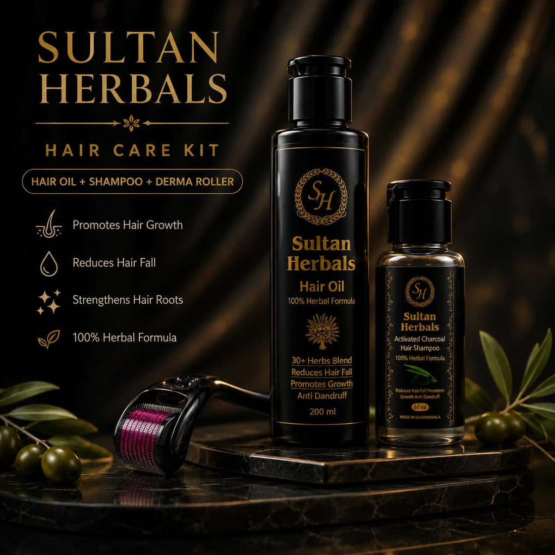 SULTAN HERBALS ORGANIC HAIR OIL+60ML FREE SHAMPOO+DERMA ROLLER